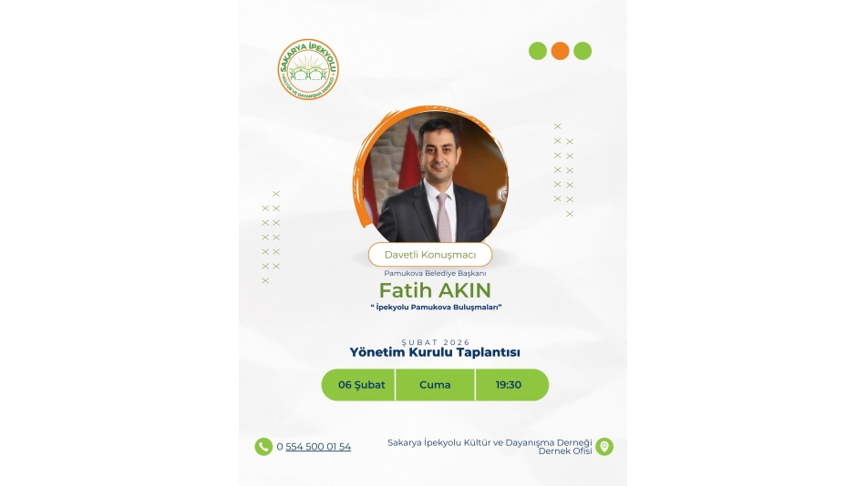 Şubat ayı Yönetim Kurulu Toplantımız, Yüksek İstişare Kurulu üyelerimiz ve Pamukova Belediye Başkanımız Sayın Fatih AKIN’ın katkılarıyla gerçekleştirilecektir. 